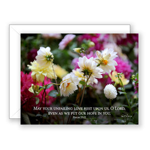 Dancing Dahlias (Psalm 33:22) - Encouragement Card (Blank)